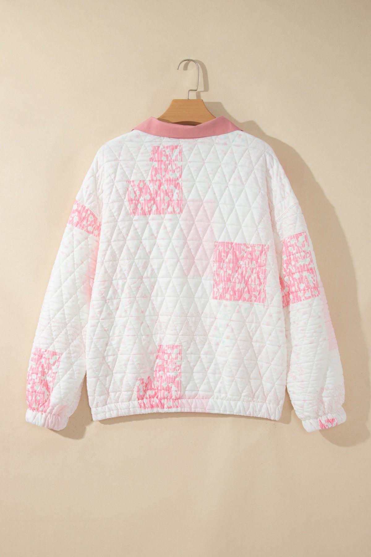 Pink Floral Quilted Half Button Pocketed Pullover Sweatshirt