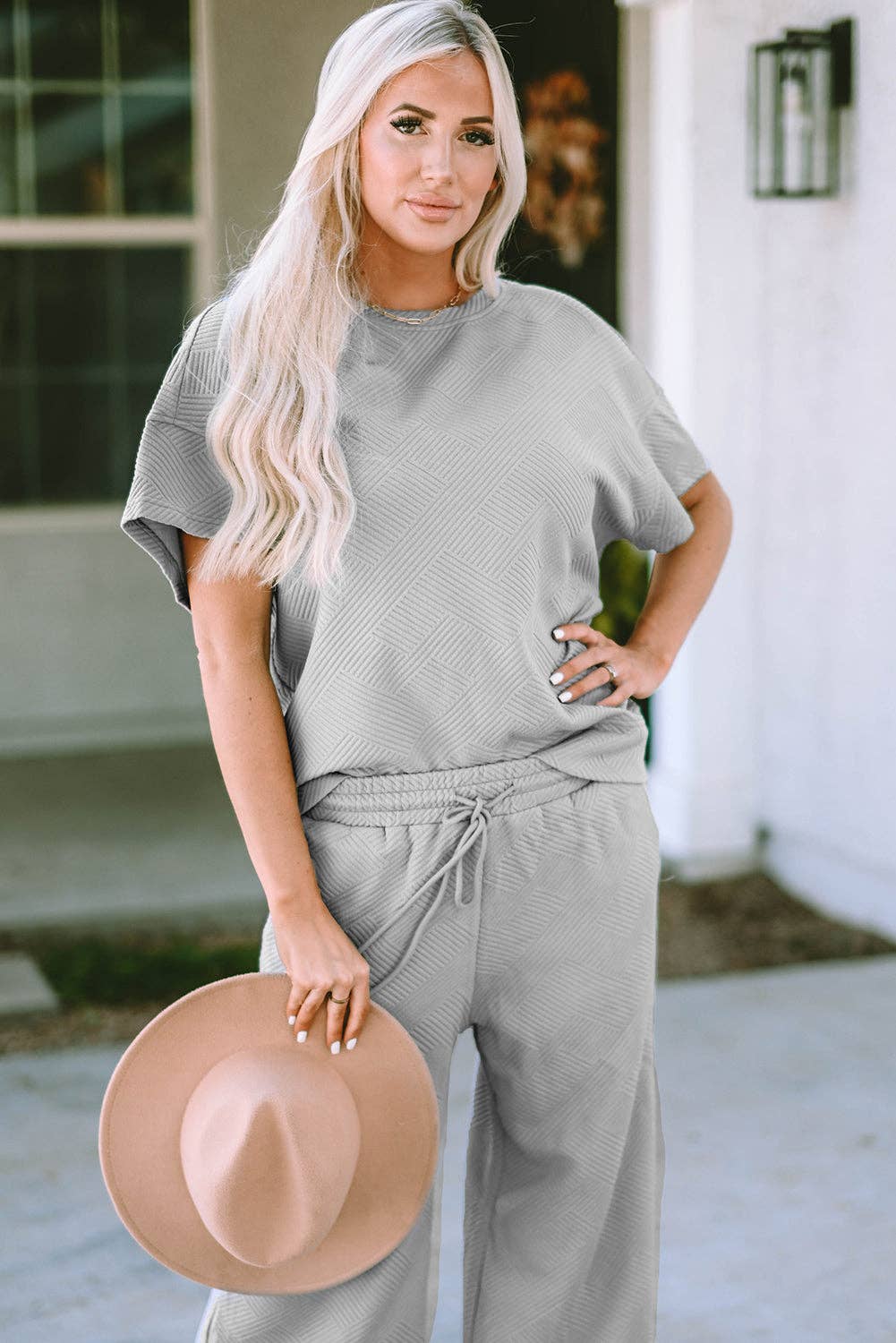 Solid Textured T-Shirt and Drawstring Pants Set: Strawberry Pink / XL