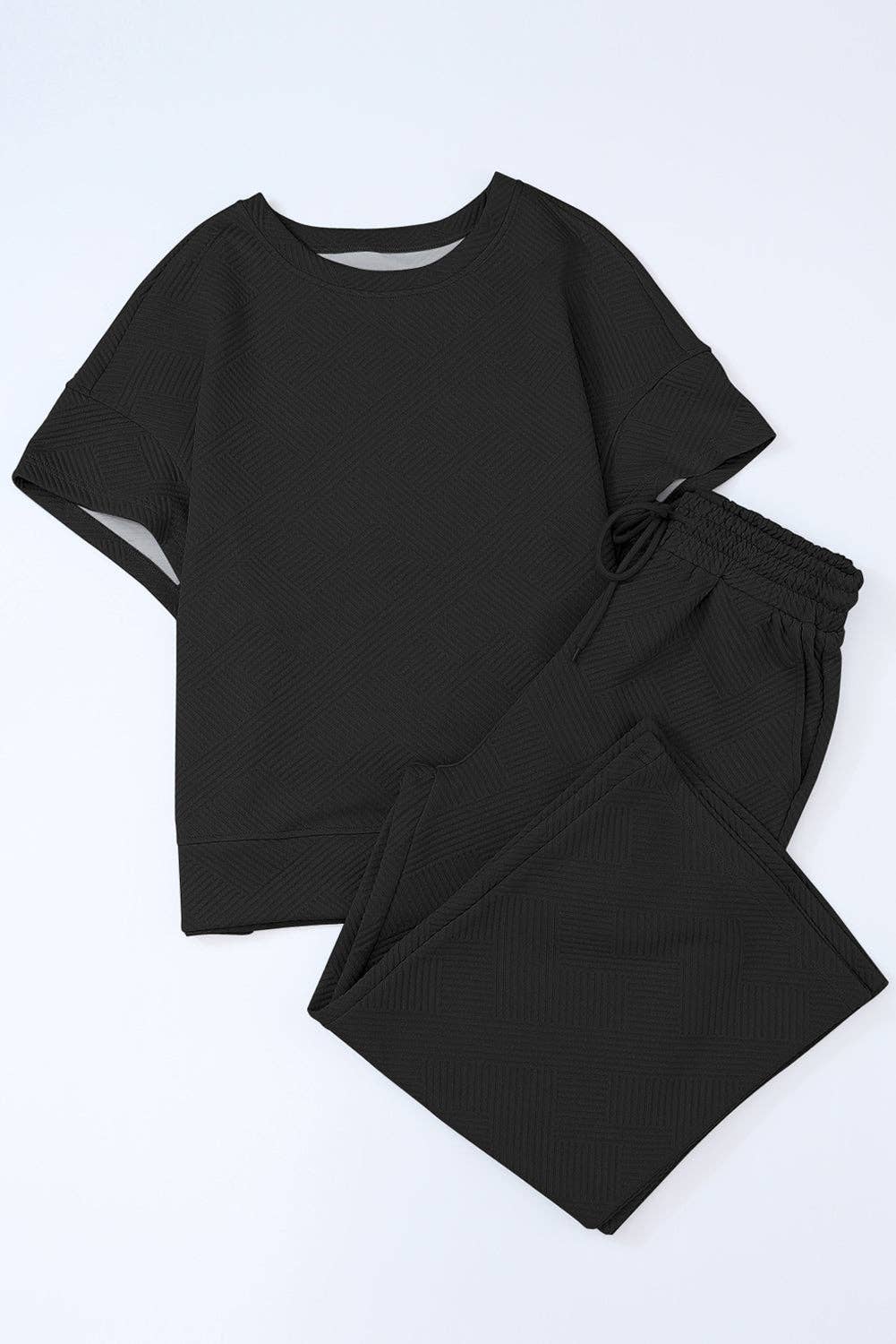 Solid Textured T-Shirt and Drawstring Pants Set: Strawberry Pink / XL