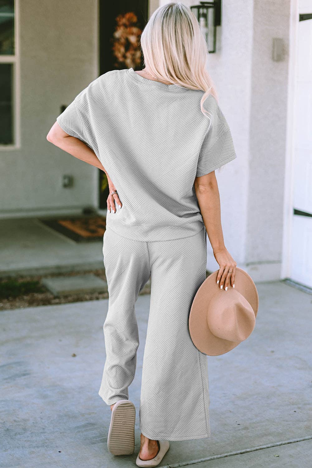 Solid Textured T-Shirt and Drawstring Pants Set: Strawberry Pink / XL