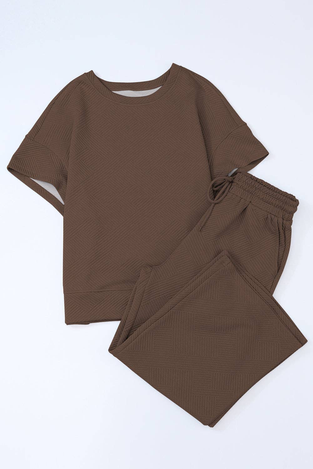 Solid Textured T-Shirt and Drawstring Pants Set: Strawberry Pink / XL