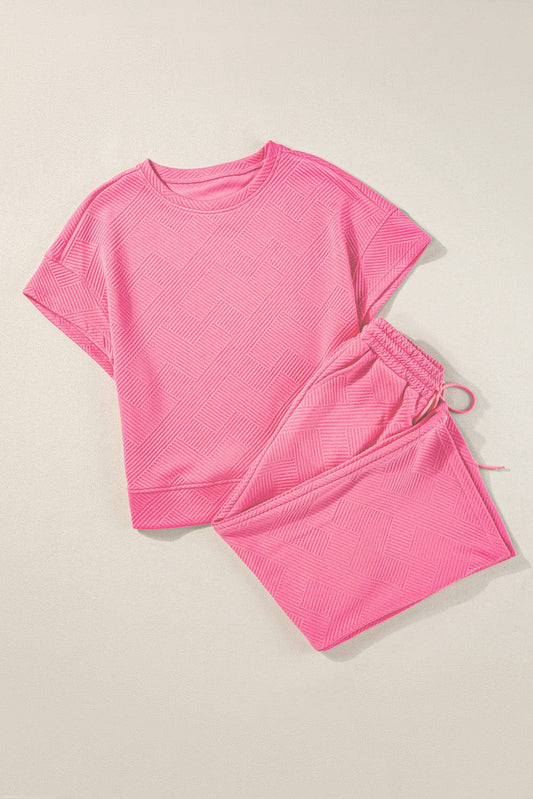 Solid Textured T-Shirt and Drawstring Pants Set: Strawberry Pink / XL
