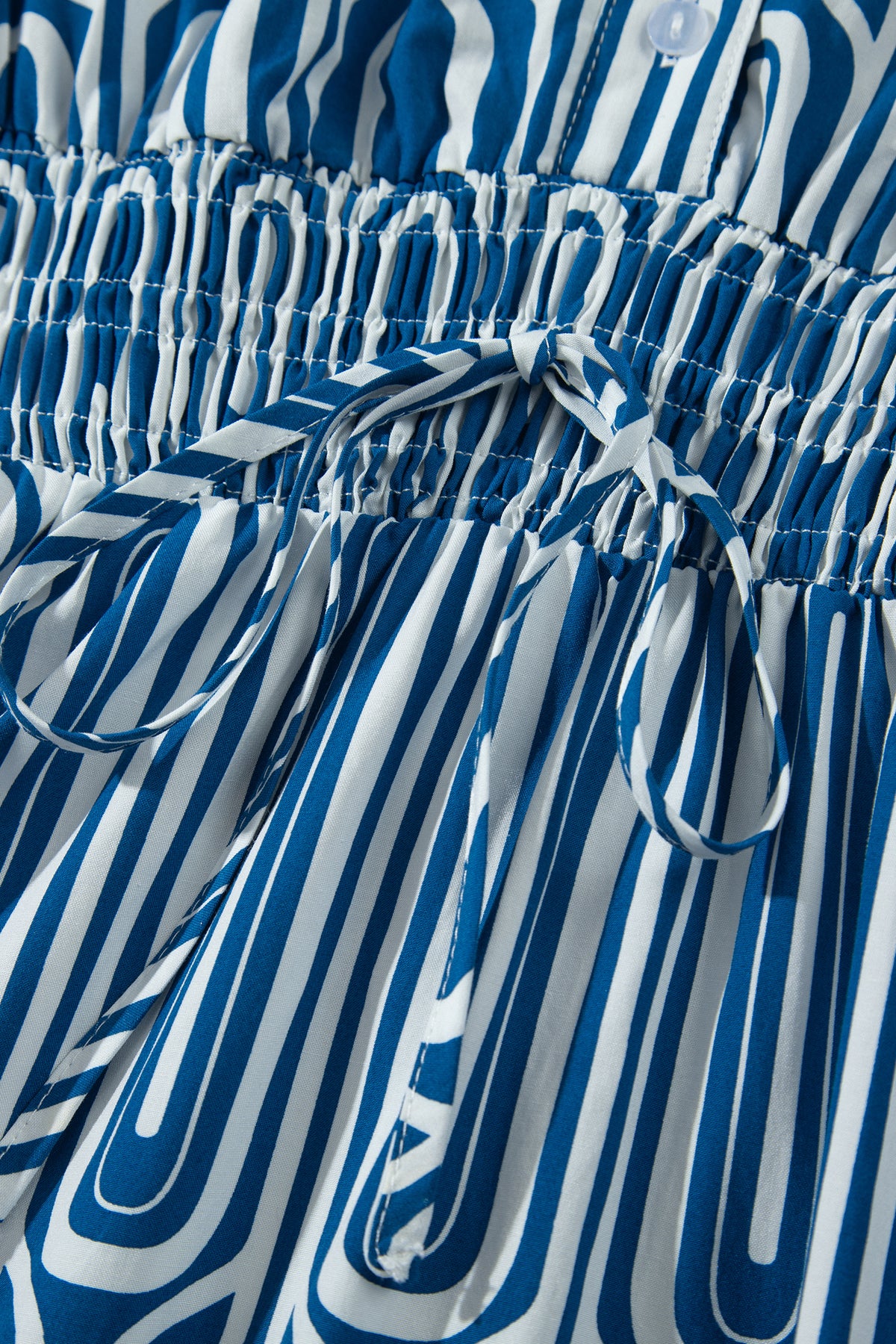Blue Geometric Print Short Sleeve Drawstring Shirt Collar Dress