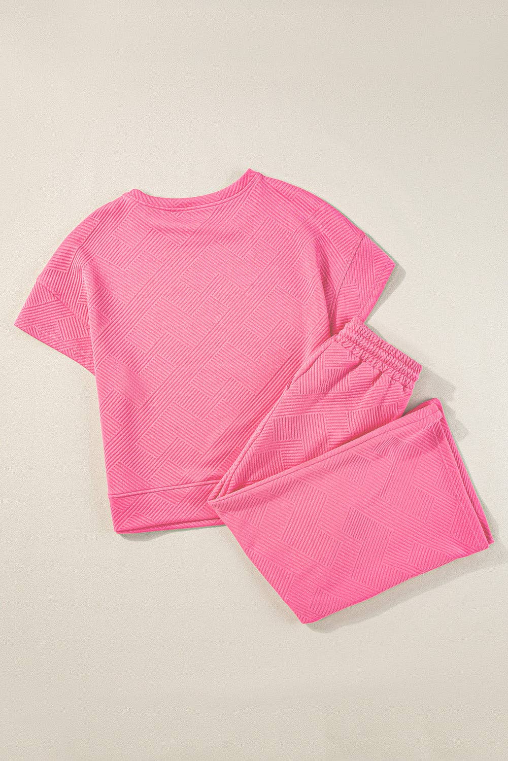 Solid Textured T-Shirt and Drawstring Pants Set: Strawberry Pink / XL